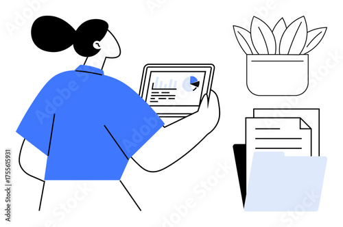 Professional reviewing data on tablet, accompanied by documents and decorative plant. Ideal for business, productivity, organization, data analysis, workflow, study and minimalism. A simple flat