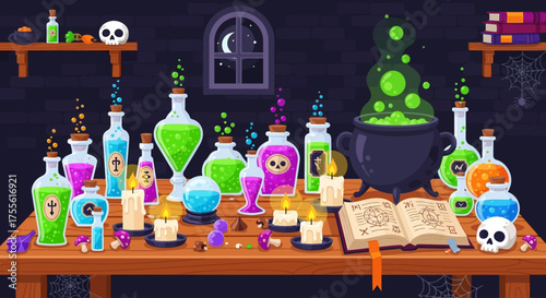 Witch Potion Laboratory Flat Vector Halloween Background