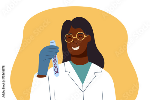 Female scientist with DNA test tube. Concept of genetics, science, biotechnology and STEM education concept. Vector flat clipart.