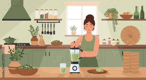A woman preparing healthy drink smoothie in blender at home kitchen in daytime