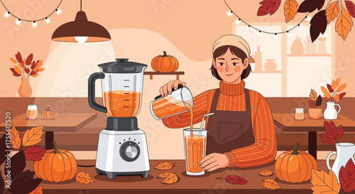 Autumnal delight: woman crafting a vibrant pumpkin smoothie in a cozy setting