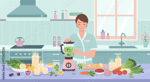 Creating a serene and healthy smoothie in a pastel kitchen illustration