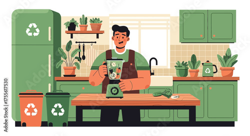 Eco-Conscious Individual Preparing a Healthy Smoothie in a Green Kitchen