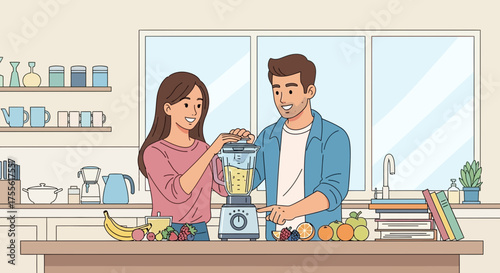 Couple blending healthy smoothie in modern kitchen for a balanced lifestyle