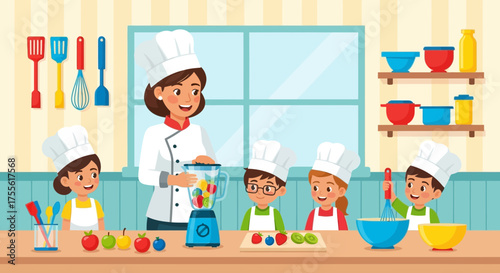 Animated culinary class: children learning cooking skills with a smiling chef