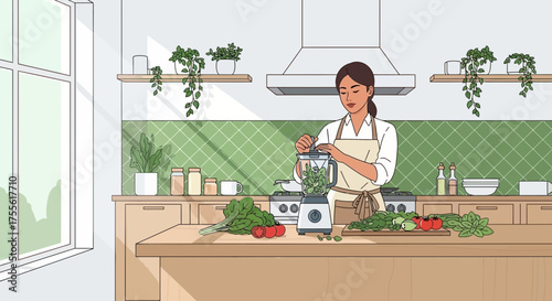 Young woman making a fresh green smoothie in her brightly lit modern kitchen