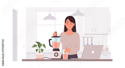 Healthy lifestyle: Smiling woman making nutritious smoothie in a bright, modern kitchen