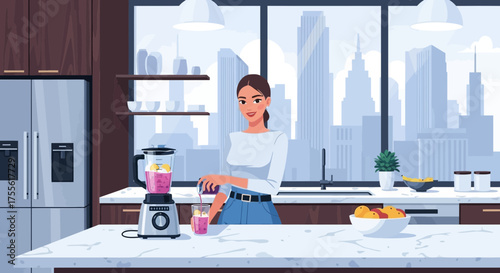 Woman in modern apartment making a healthy smoothie with a city view backdrop