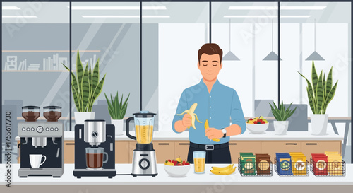 Office worker preparing a healthy breakfast smoothie with coffee and fruit