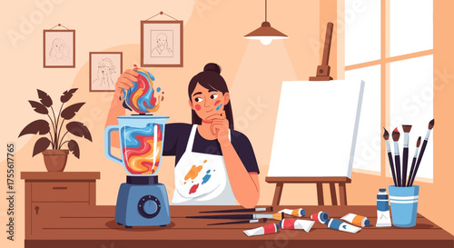 Conceptual artistic process featuring an artist blending inspiration into vivid colors