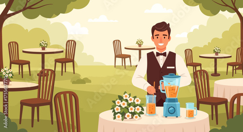 Enchanting outdoor cafe scene with cheerful waiter preparing fresh juice smoothie