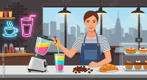 Energetic barista preparing fresh smoothie at vibrant cafe with city view backdrop