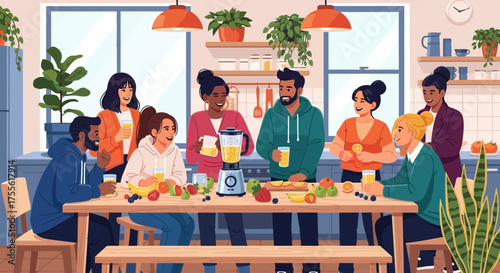 Diverse Friends Enjoying a Healthy Smoothie Bar Gathering in a Bright Kitchen