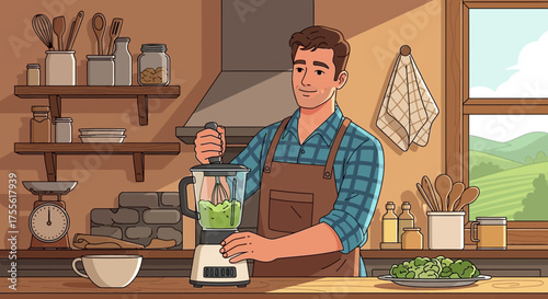 Man preparing a healthy green smoothie using a blender in a rustic kitchen setting