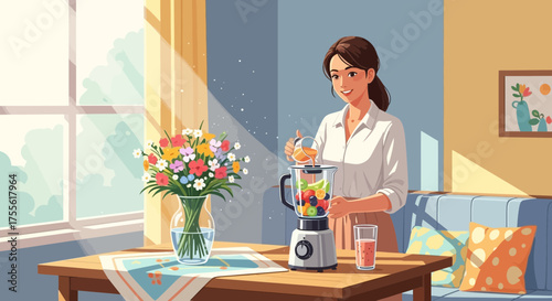 A Vibrant Start: Young Woman Prepares a Colorful Fruit Smoothie at Home