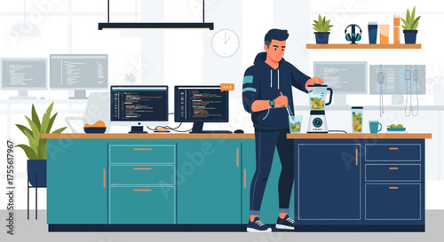 Energetic coder prepares healthy smoothie in modern co-working space kitchen