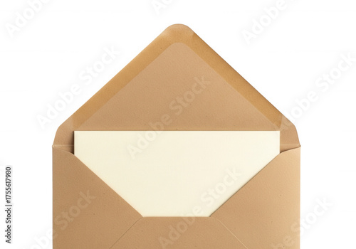 Open brown envelope with cream card image isolated on a transparent background