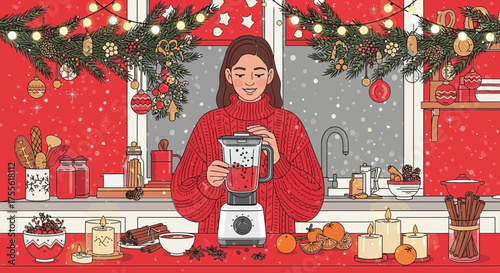 Preparing a Festive Winter Beverage: Woman Blending a Drink in a Cozy Holiday Kitchen