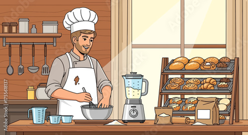 Delightful bakery setting with a cheerful baker preparing dough with dedication