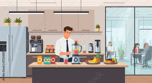 Healthy office break: Man making smoothie in modern workspace kitchen area