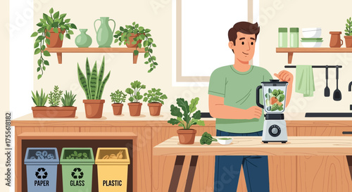 Man preparing a healthy smoothie in a plant-filled eco-friendly kitchen setting