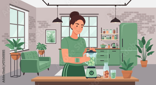 Creating a Fresh Start: Woman Preparing a Healthy Green Smoothie in the Kitchen