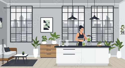 Modern apartment kitchen with woman preparing smoothie and skyline view