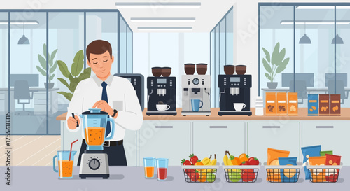 Illustrative office scene depicting a man preparing a smoothie in the break room