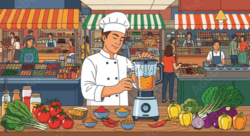 Chef blends fresh ingredients for healthy juice in vibrant market scene cartoon