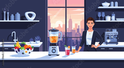 Morning routine of a modern businesswoman, preparing smoothies in an apartment