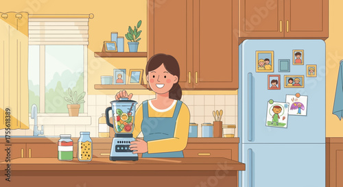 Woman preparing nutritious smoothie with fresh fruit in her cozy kitchen