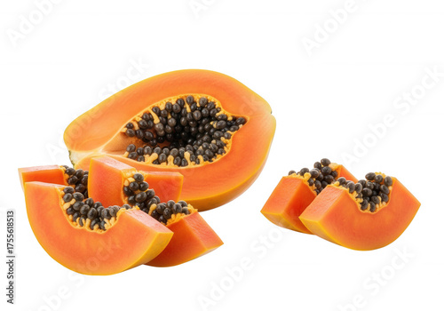 Orange papaya fruit slices black background yellow isolated on a transparent background