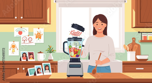 A young woman prepares a smoothie with fresh fruits and vegetables in her kitchen