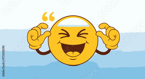 Joyful smiley face icon with closed eyes and hands gesturing smallness, set against a light blue abstract background, conveying delight and amusement