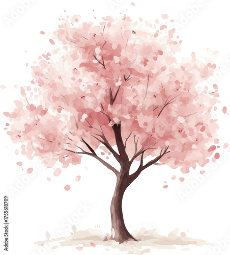 Watercolor, a simple flat illustration of a single spring tree with pink flowers on a white background