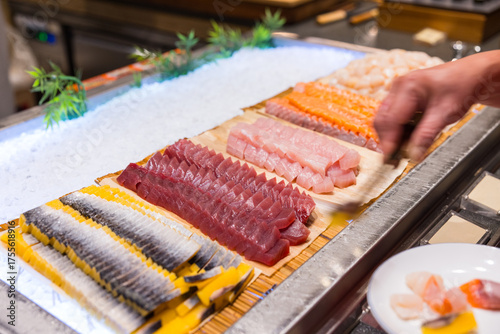 Japanese sashimi fish served at buffet restaurant