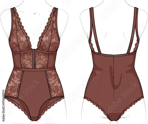 Elegant brown lace bodysuit lingerie vector illustration, front and back fashion design, sexy intimate apparel, feminine underwear, stylish catalog art