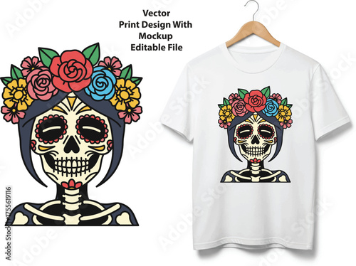 Dia de los muertos sugar skull vector illustration floral headdress scalable eps graphic vector