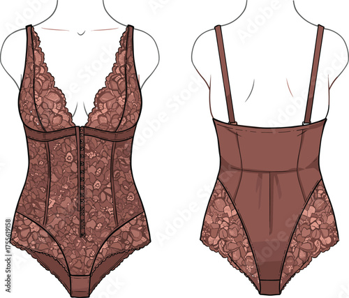 Elegant brown lace bodysuit lingerie vector illustration with floral patterns, front and back view fashion design for intimate apparel showcase