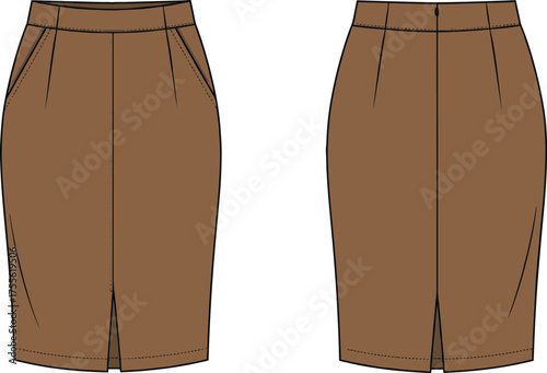 Brown pencil skirt fashion vector illustration with pockets and slit design, stylish office wear clothing template for women apparel collection