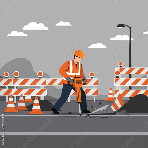 A construction worker uses a jackhammer to break up asphalt on a road with safety barriers and traffic cones in a vector illustration.