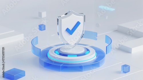 Canvas Print Digital shield with checkmark symbol on a futuristic platform, representing security and protection in technology