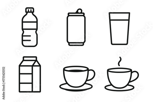 Outline icons of beverage containers: bottles, cans, glasses, cartons, cups