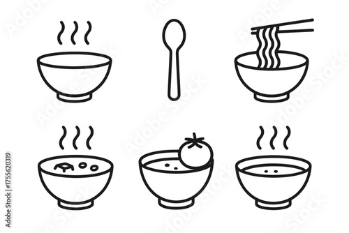 Minimalist line art of various bowls of soup and utensils