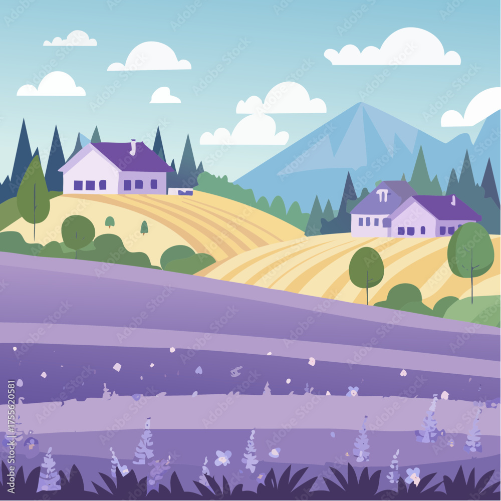 Fototapeta premium Summer rural landscape with houses, lavender fields, trees, meadows and hills in the background.