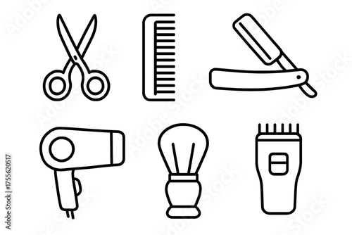 Barber tools icons: scissors, comb, straight razor, hairdryer, shaving brush, clipper