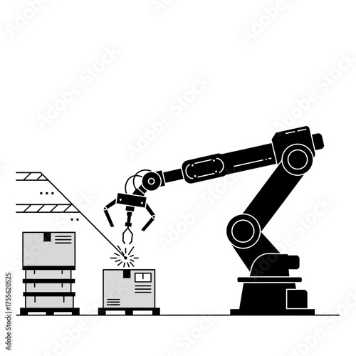 Automated manufacturing with robot arm precisely stacking packages, modern factory automation, high tech industry efficiency and precision, robotics