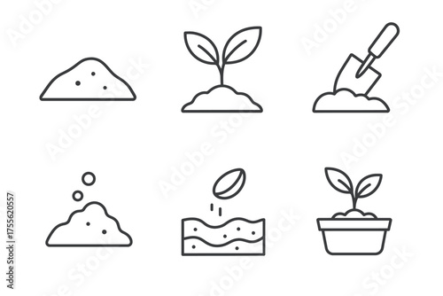 Minimalistic gardening icons: planting, growing, and soil preparation