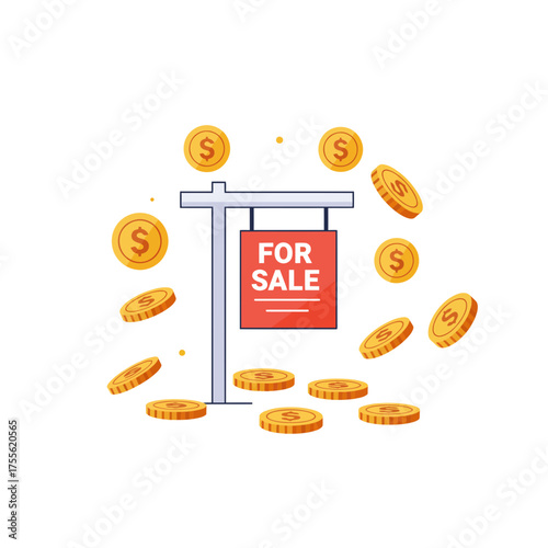 Unlock Your Dream Home A 'For Sale' Sign Surrounded by Wealth Coins Symbolizing a Lucrative Investment Opportunity in Real Estate Market Boom