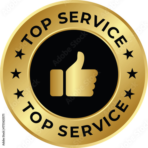 Golden top service badge with thumb up vector illustration for quality assurance isolated on white background
